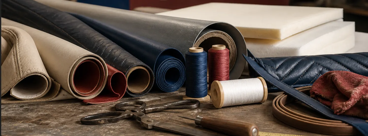Workshop bench with rolls of leather and vinyl, thread spools, shears, and foam